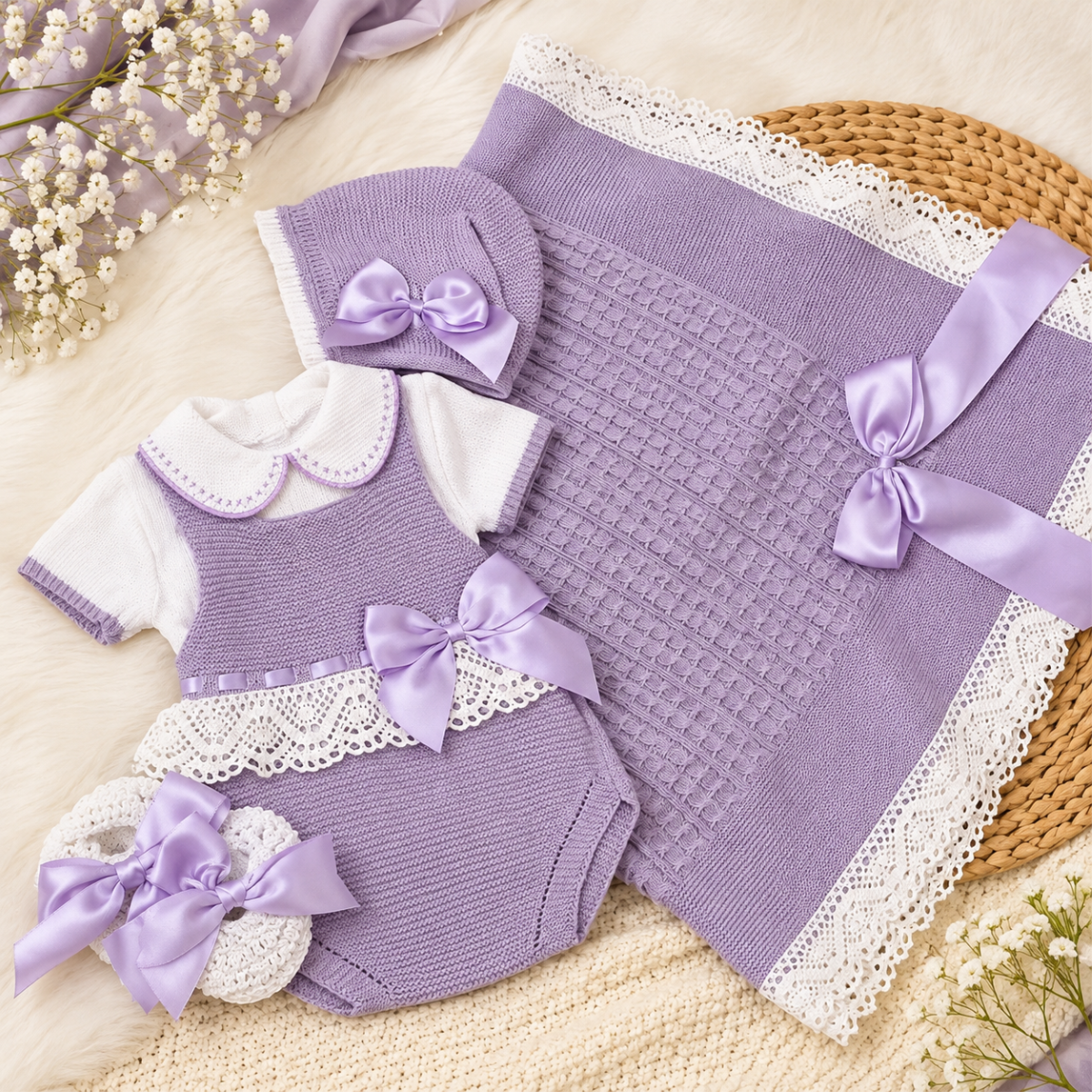 Ajuar Tejido para Bebé Niña de 5 Piezas con Manta, Encaje y Lazos de Satén