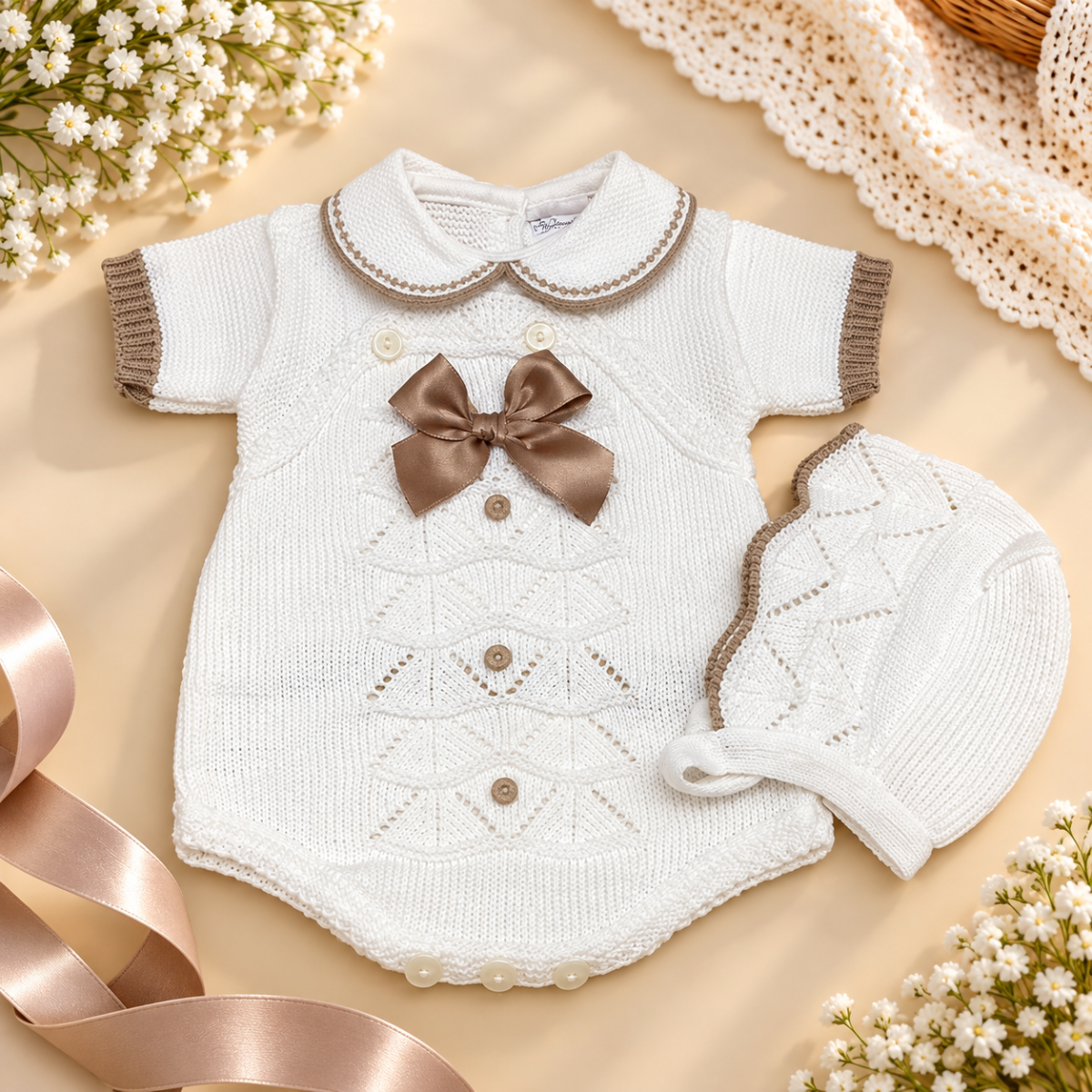 Conjunto Tejido para Bebé de 2 Piezas con Lazo y Gorrito
