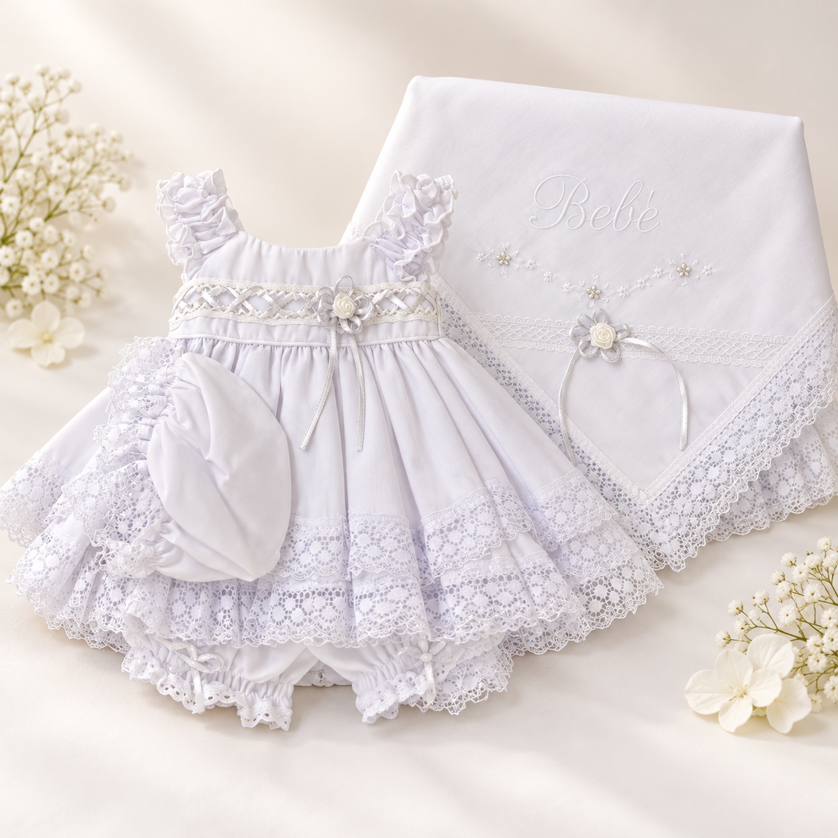 Conjunto de Bebé con Sábana Bordada a Juego – Blanco 2203