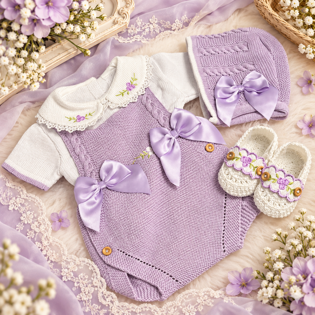 Conjunto Tejido para Bebé Niña con Lazos y Bordado Floral