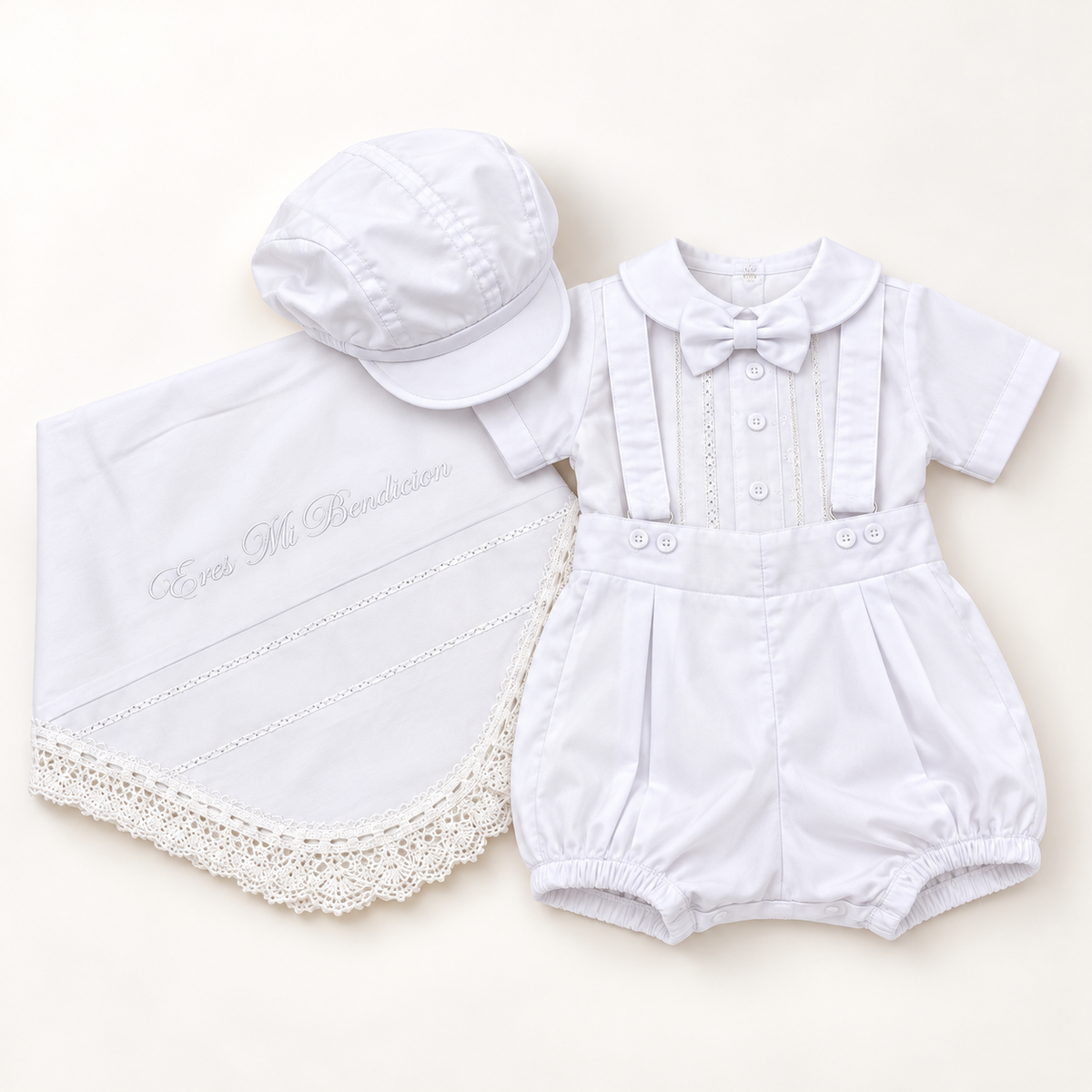 Set de Bautismo para Bebé Niño con Sábana Bordada y Gorra – Blanco | Eres Mi Bendición 3758
