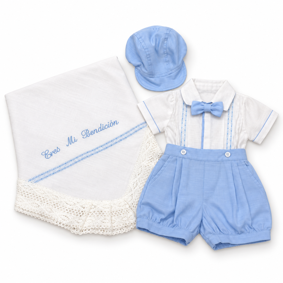 Set para Bebé Niño con Sábana Bordada y Gorra – Blanco y Azul Celeste | Eres Mi Bendición 8576