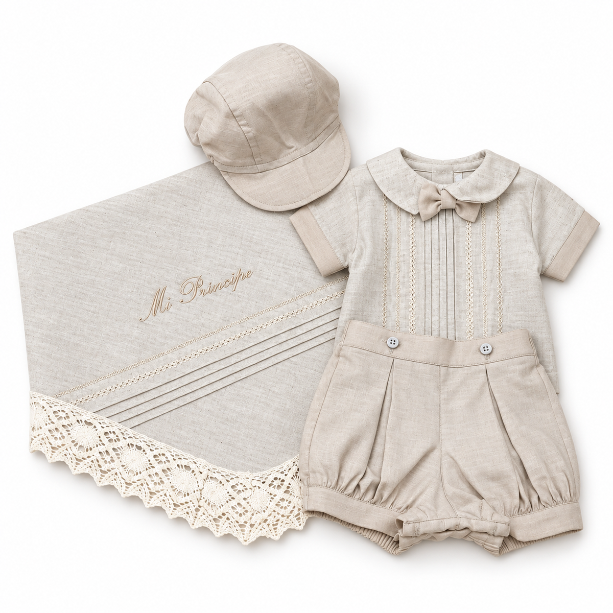 Set para Bebé Niño con Sábana Bordada y Gorra – Beige Natural | Mi Príncipe 8513