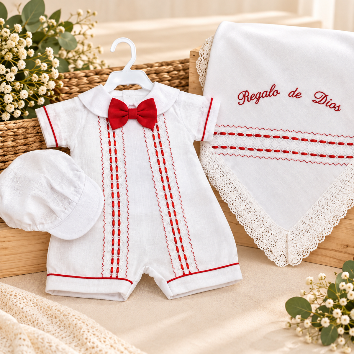 Set para Bebé Niño con Sábana – Blanco y Rojo | Regalo de Dios