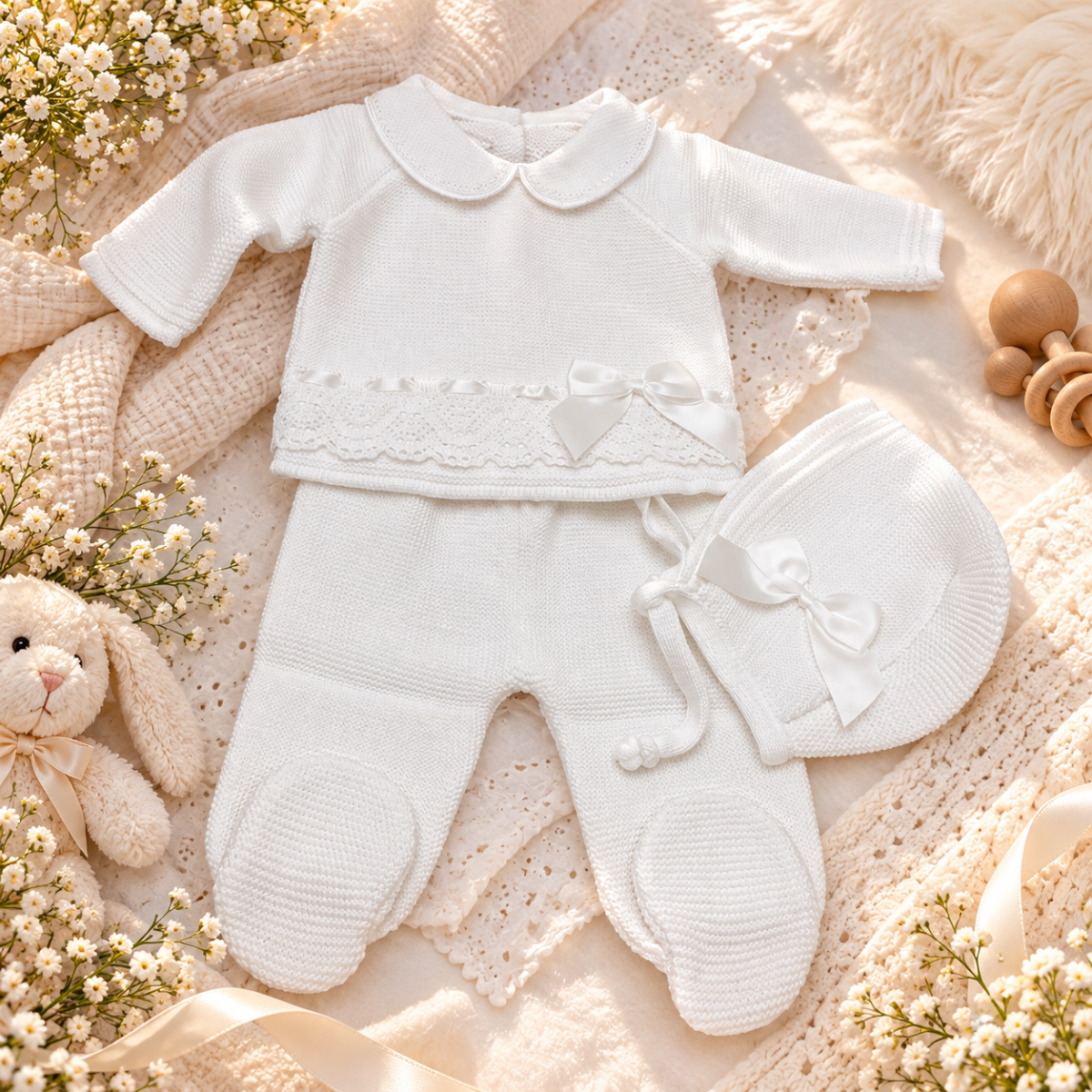 Conjunto Tejido para Bebé Niña de 3 Piezas con Encaje y Gorrito