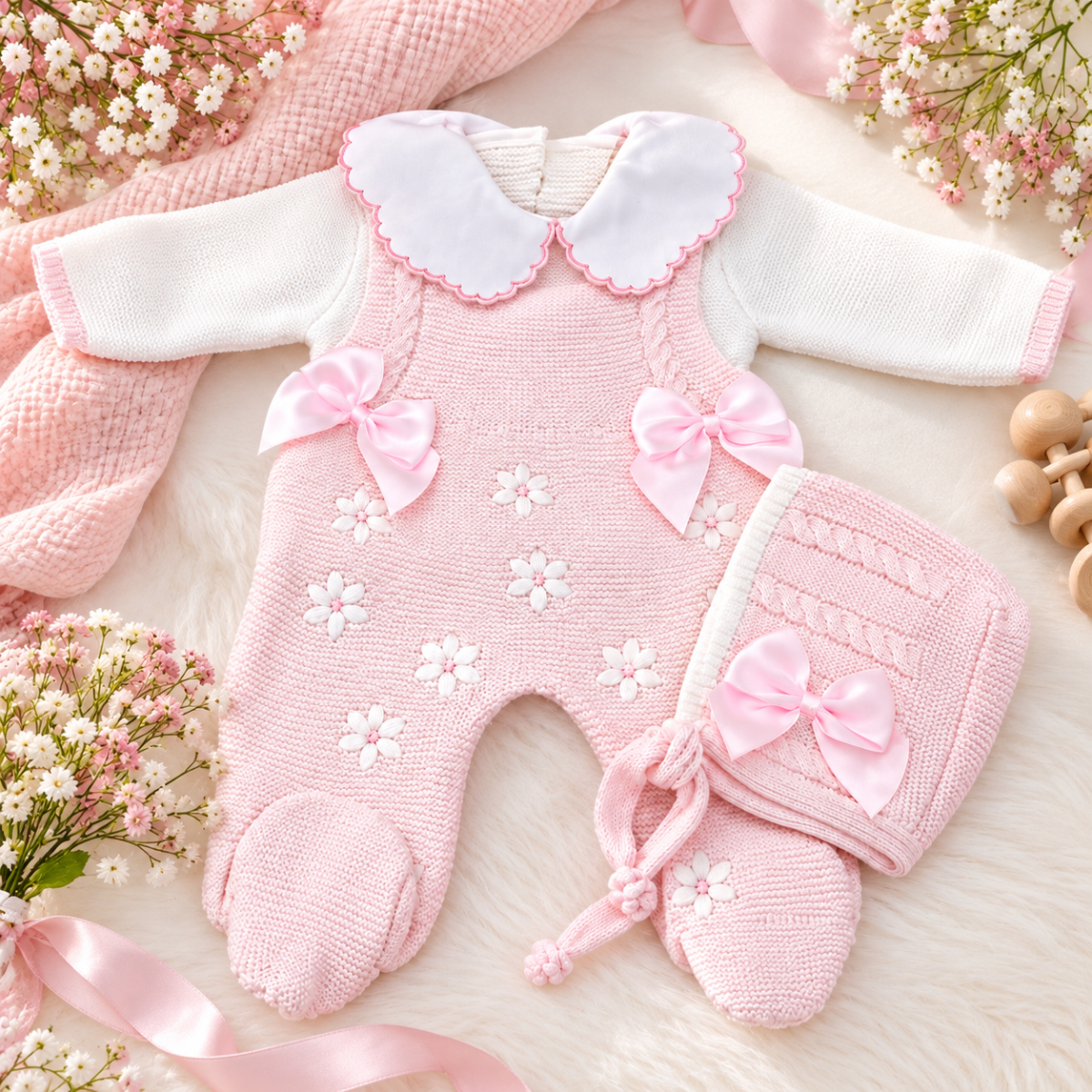 Conjunto Tejido para Bebé Niña de 3 Piezas con Flores y Lazos