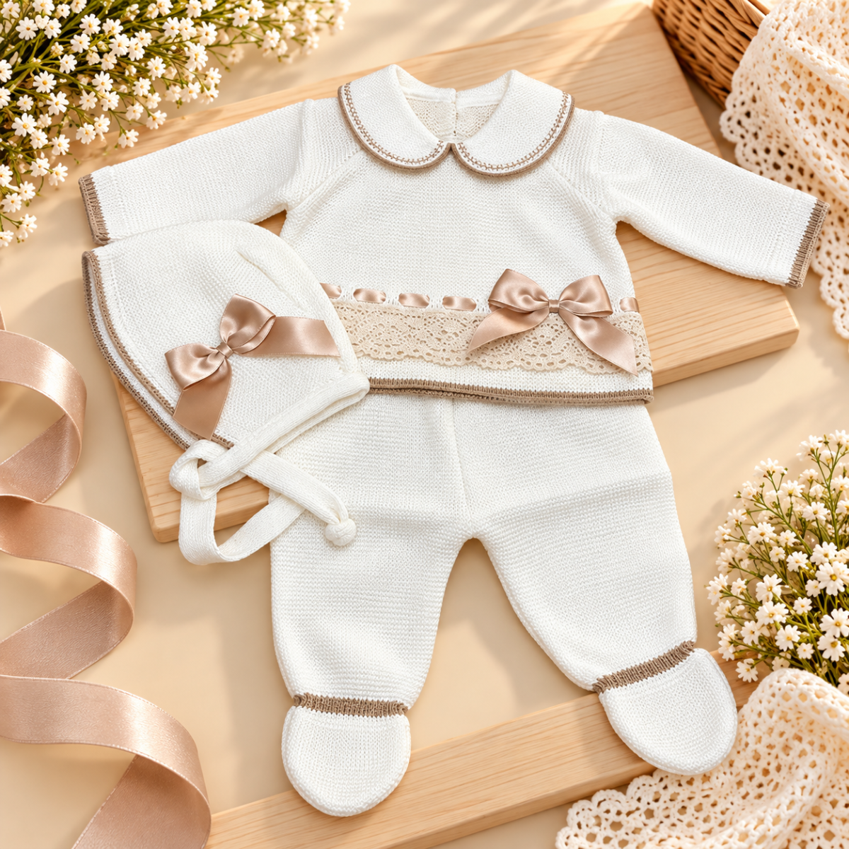Conjunto Tejido para Bebé Niña de 3 Piezas con Encaje y Gorrito