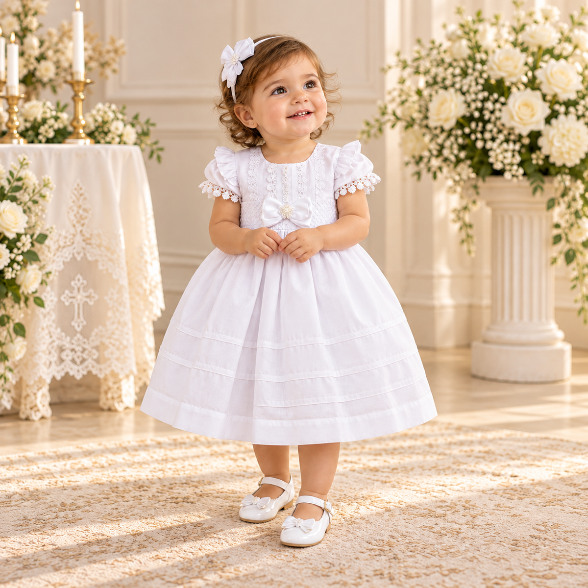 Vestido Elegante de Bautismo para Bebé Niña – Blanco con Encaje y Lazo