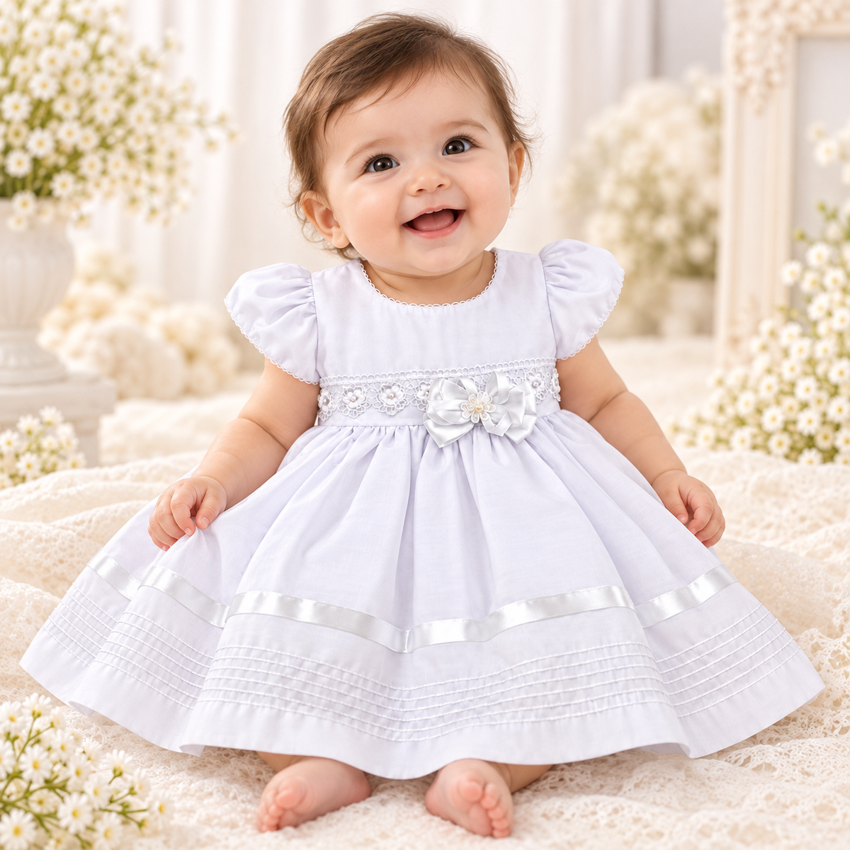 Vestido Elegante de Bautismo para Bebé Niña – Blanco