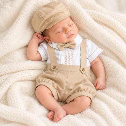 Set para Bebé Niño con Sábana Bordada y Gorra – Blanco y Beige | Mi Niño Amado 8620