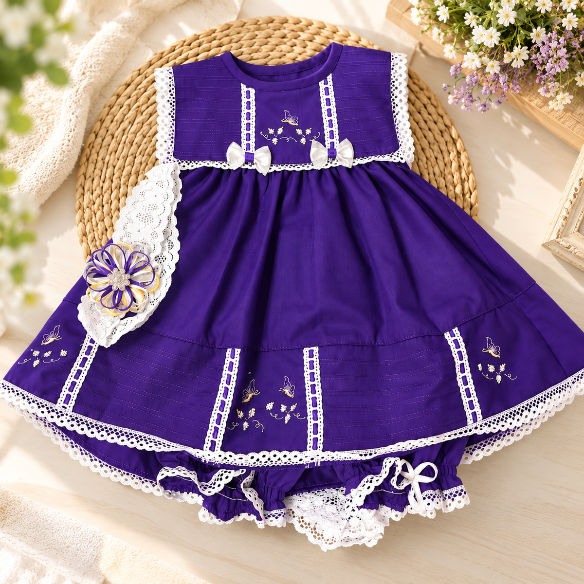 Conjunto Tradicional para Bebé – Vestido Violeta con Sábana Bordada 2753