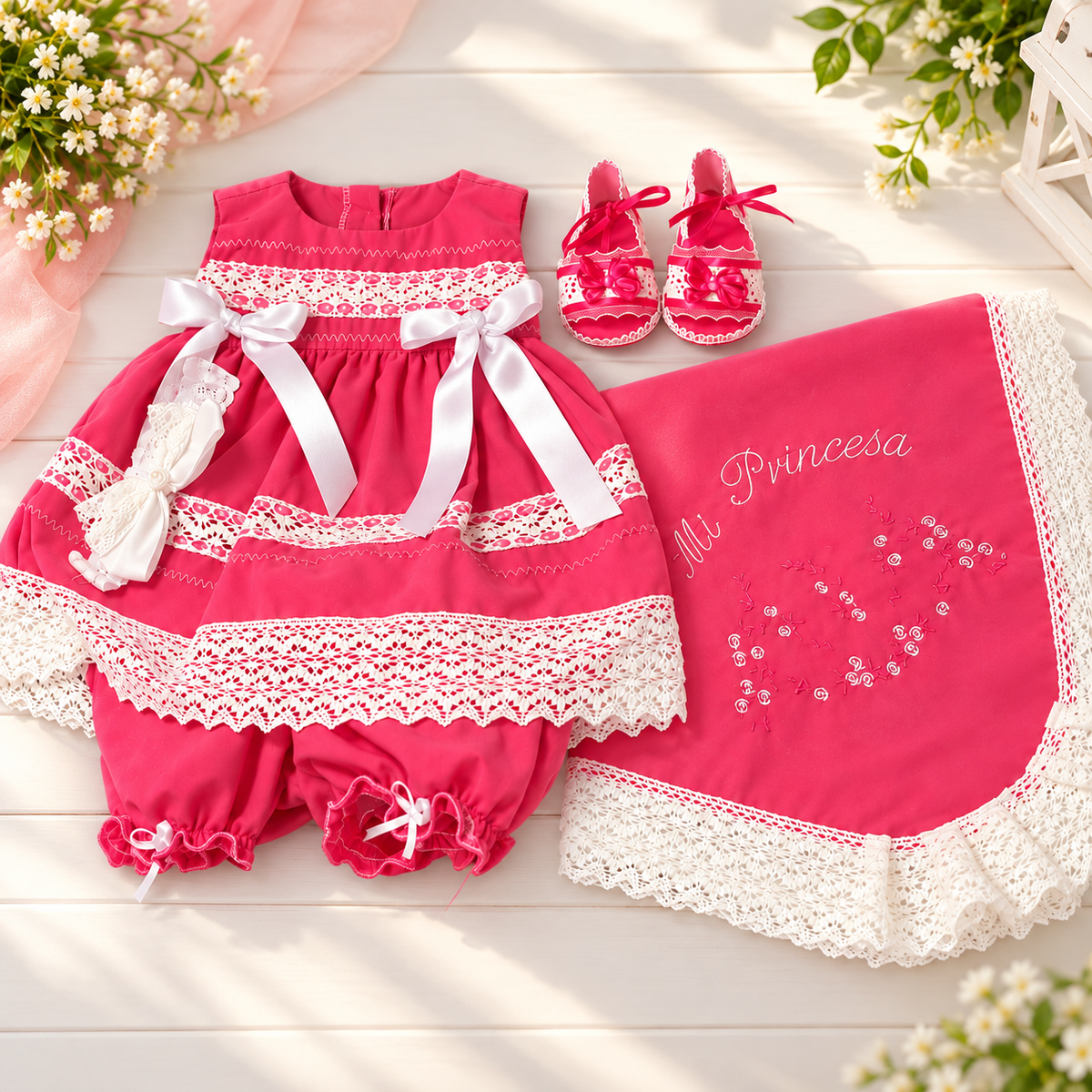 Conjunto de Bebé  – Rosa Fucsia y Blanco - 3410