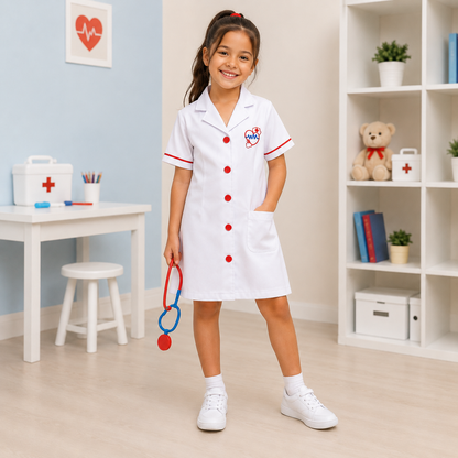 Disfraz de Enfermera para Niña – Bata Blanca con Detalles Rojos