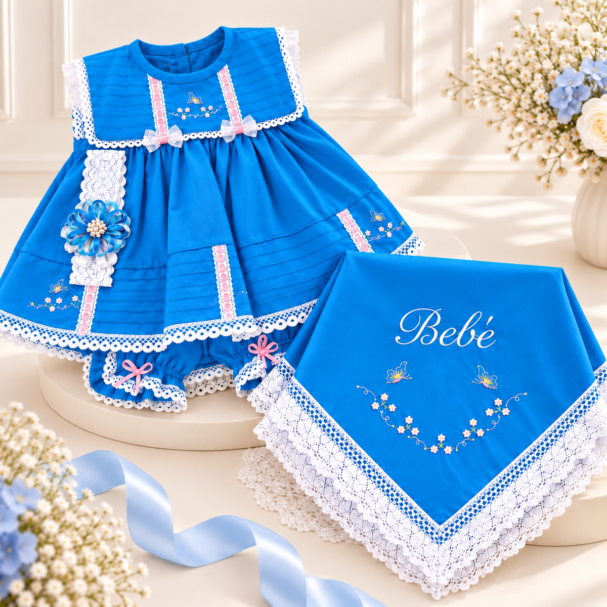 Conjunto de Bebé Azul con Sábana Bordada y Accesorios 2753