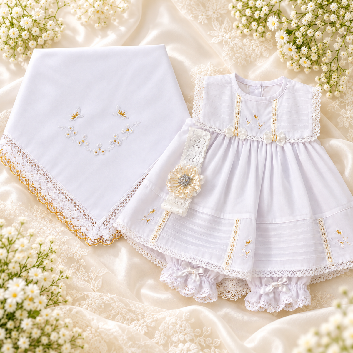 Conjunto para Bebé Niña Blanco con Sábana Bordada – Detalles Dorados 2753