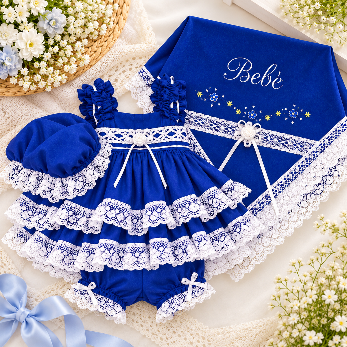 Conjunto Tradicional para Bebé Azul Royal con Encaje Blanco y Sábana Bordada 2203