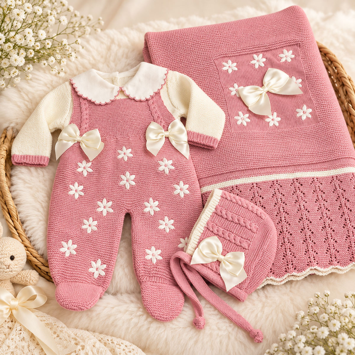 Conjunto Tejido para Bebé con Sábana y Gorro