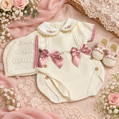 Conjunto Tejido para Bebé Niña con Lazos y Bordado Floral