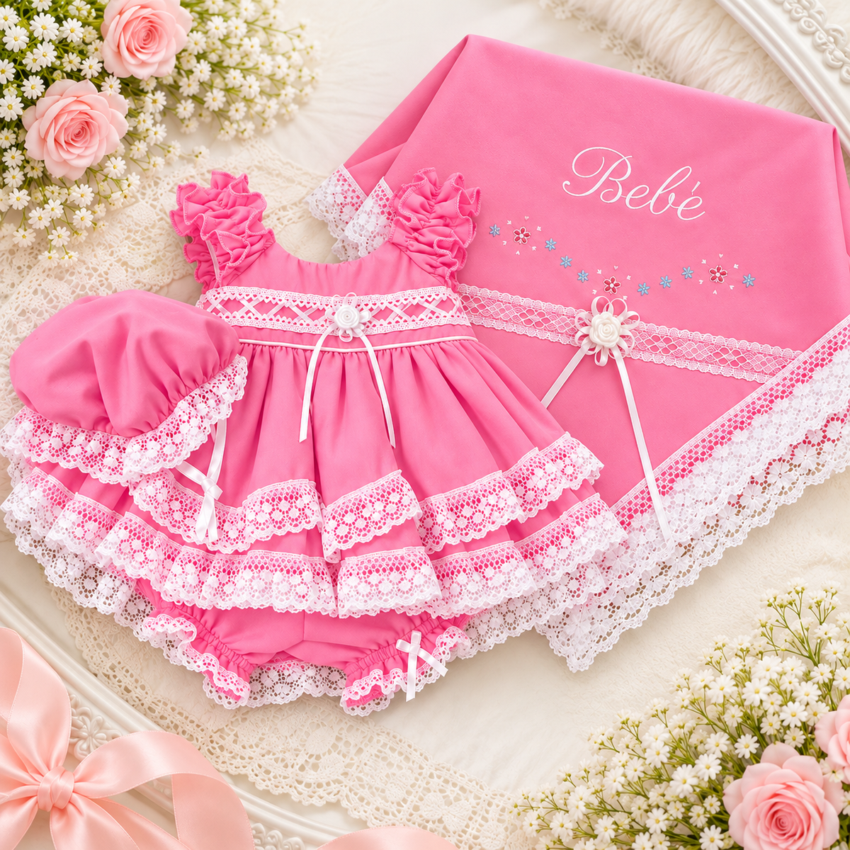 Conjunto de Bebé con Vestido, Sábana y Accesorios – Rosa 2203