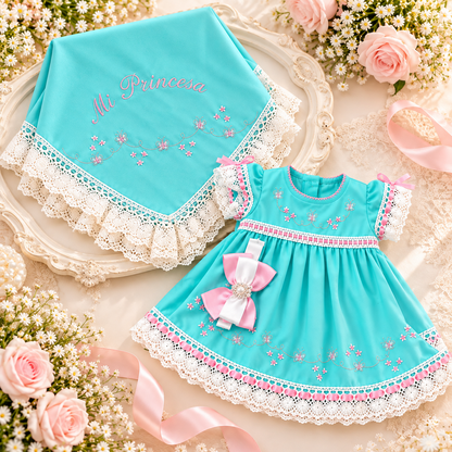 Conjunto para Bebé “Mi Princesa” Turquesa con Encaje y Bordados 2916