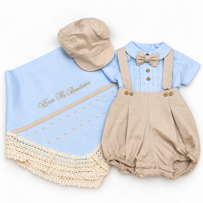 Set de Bautismo para Bebé Niño con Sábana – Azul Celeste y Beige - 8758
