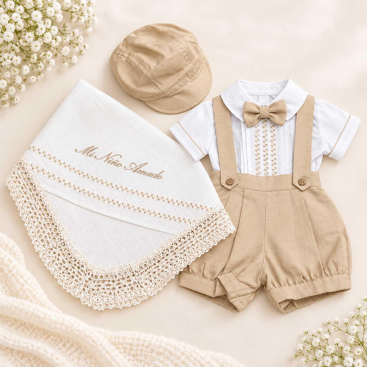 Set para Bebé Niño con Sábana Bordada y Gorra – Blanco y Beige | Mi Niño Amado 8620