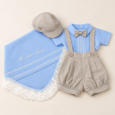 Set de Bautismo para Bebé Niño con Sábana – Azul Celeste y Gris 8620