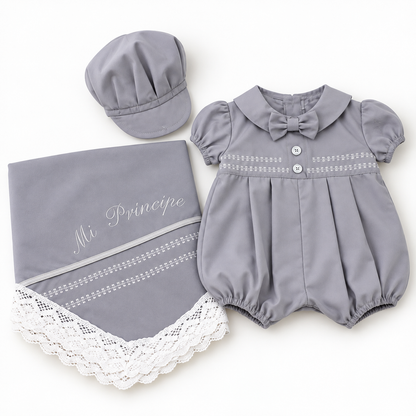 Set para Bebé Niño con Sábana Bordada y Gorra – Gris - 8709
