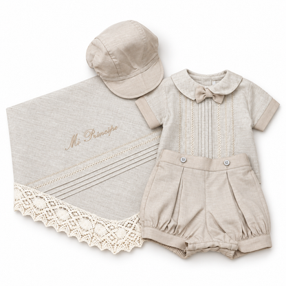 Set para Bebé Niño con Sábana Bordada y Gorra – Beige Natural | Mi Príncipe 8513