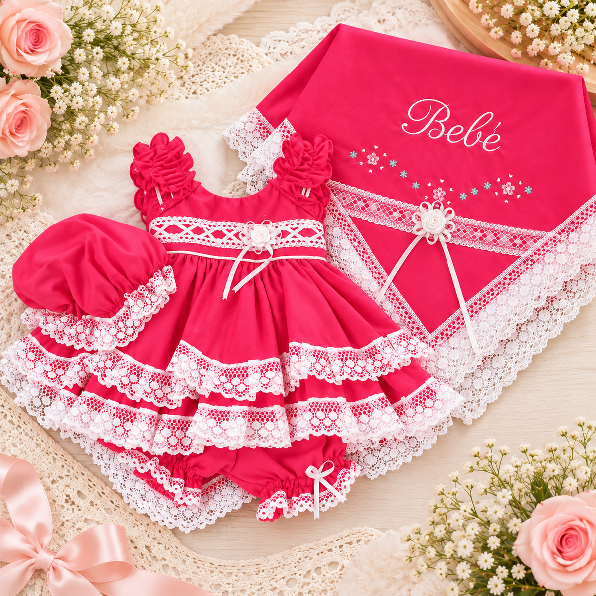 Conjunto Bebé con Vestido y Sábana – Fucsia
