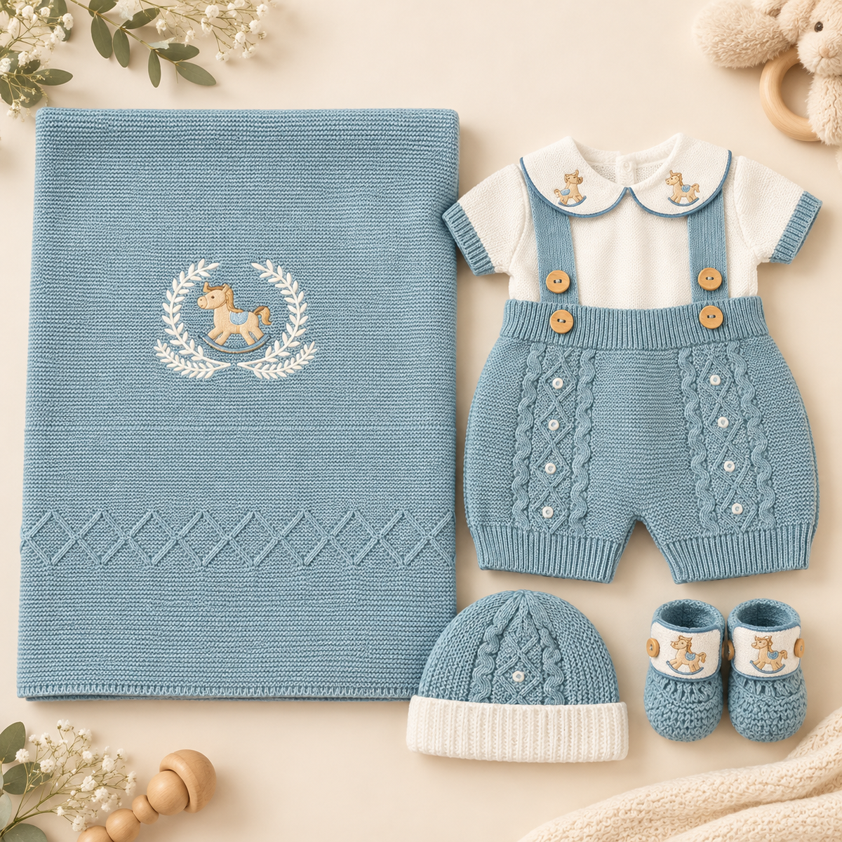 Conjunto de Bebé Tejido con Sábana – Caballito Mecedor