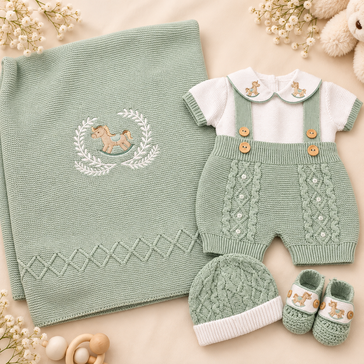 Conjunto de Bebé Tejido con Sábana – Caballito Mecedor