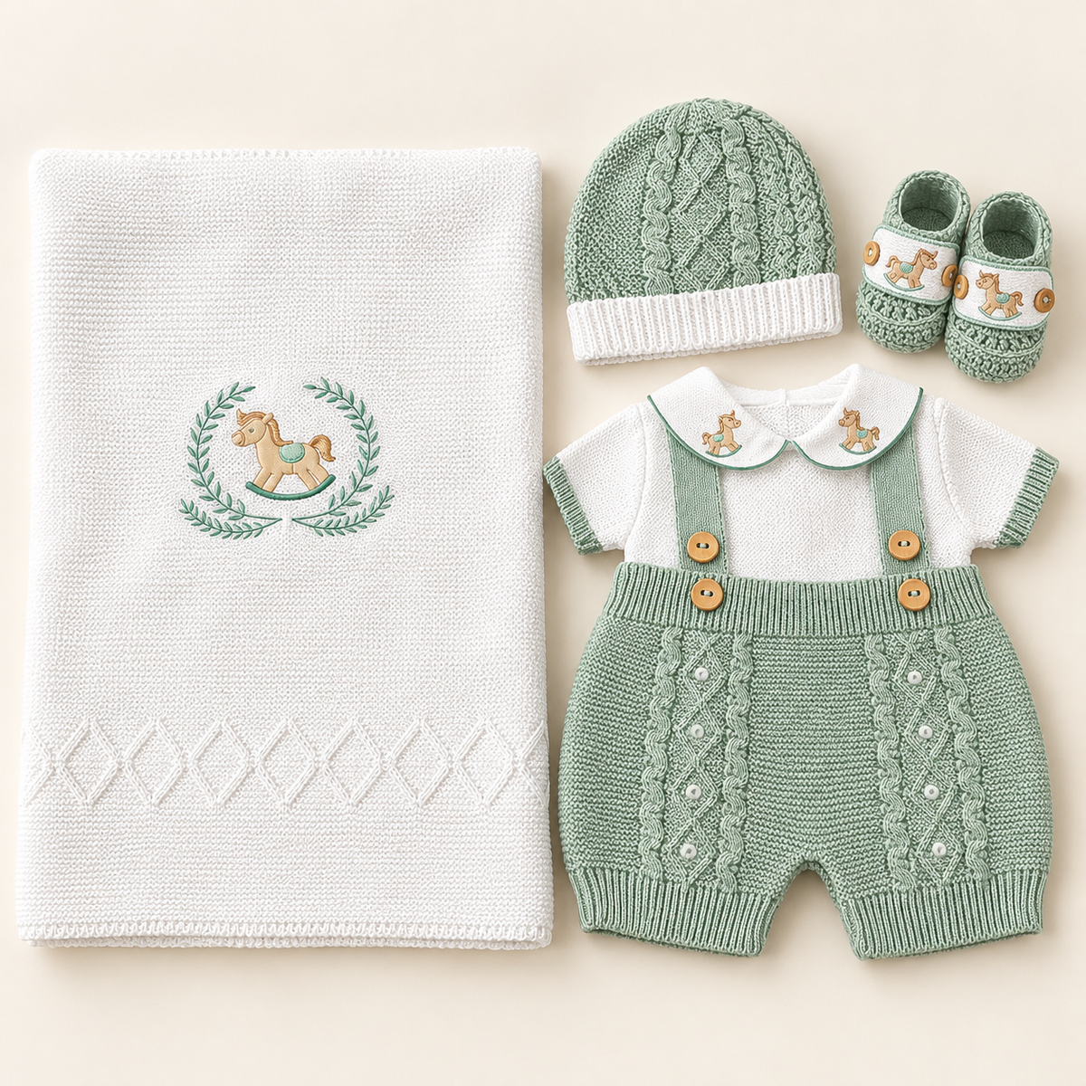 Conjunto de Bebé Tejido con Sábana – Caballito Mecedor