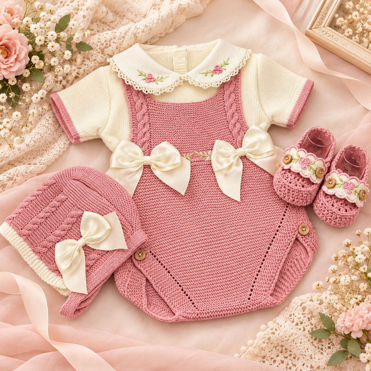 Conjunto Tejido para Bebé Niña con Lazos y Bordado Floral