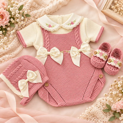 Conjunto Tejido para Bebé Niña con Lazos y Bordado Floral