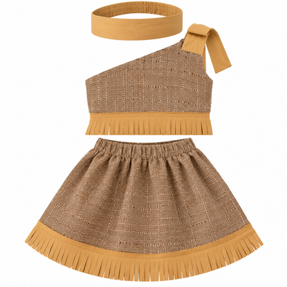 Conjunto Tradicional para Niña – Marrón con Flecos y Banda para el Cabello