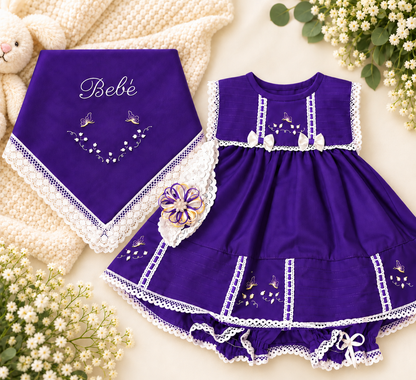 Conjunto Tradicional para Bebé – Vestido Violeta con Sábana Bordada 2753