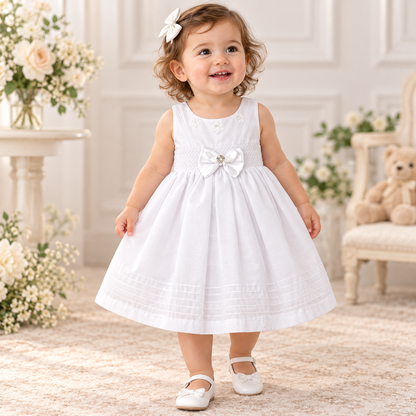 Vestido Elegante de Bautismo para Bebé Niña – Blanco con Flores y Lazo