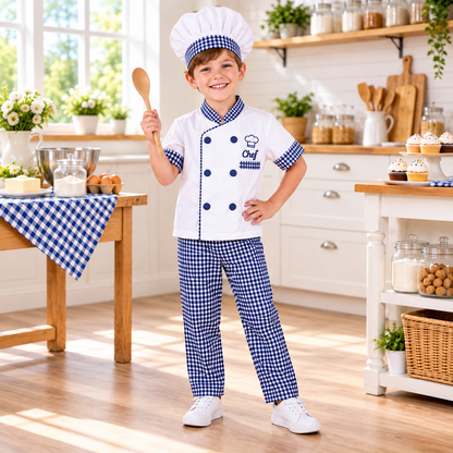 Vestimenta de Chef para Niño – Blanco y Azul Navy