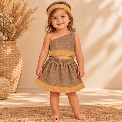 Conjunto Tradicional para Niña – Marrón con Flecos y Banda para el Cabello