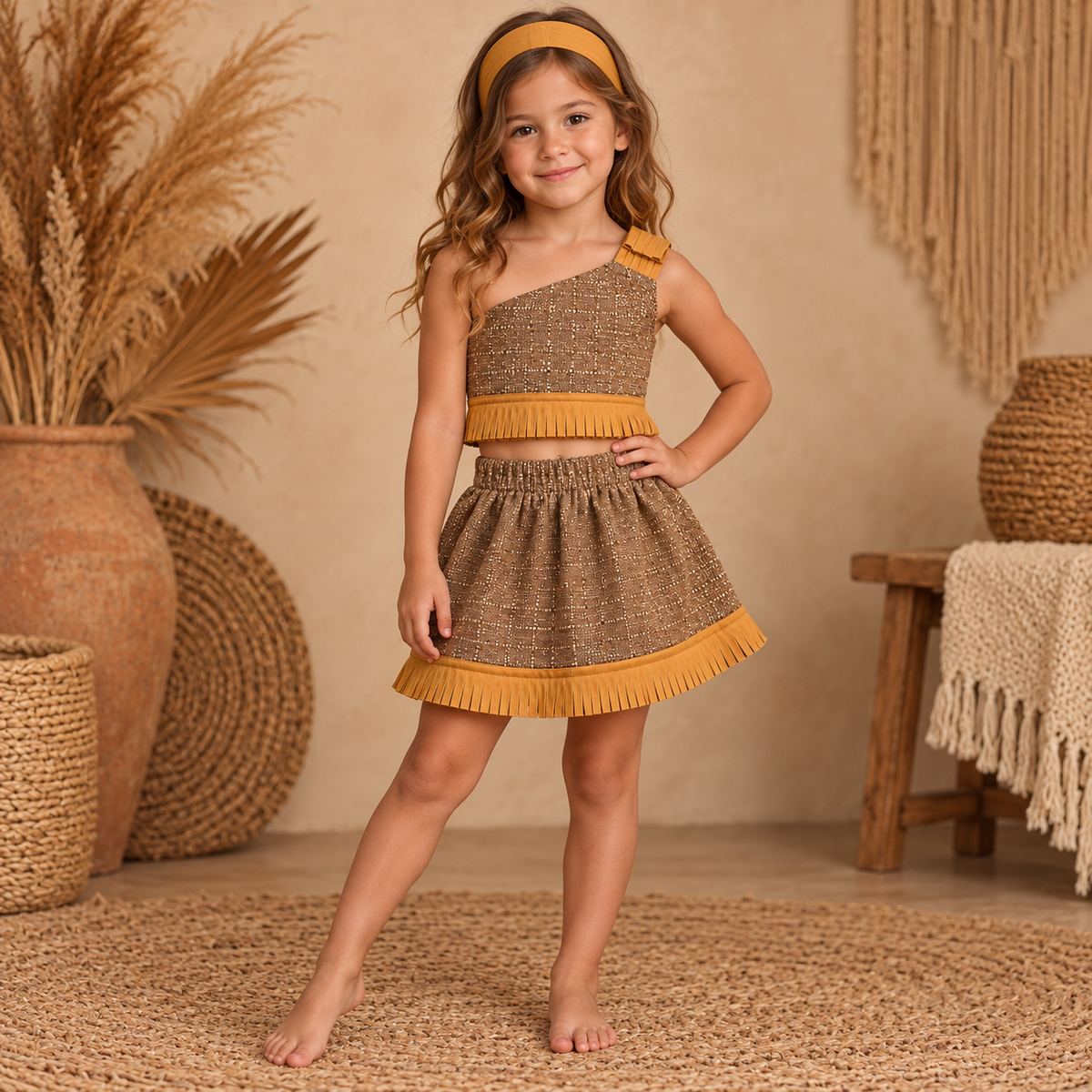 Conjunto Tradicional para Niña – Marrón con Flecos y Banda para el Cabello