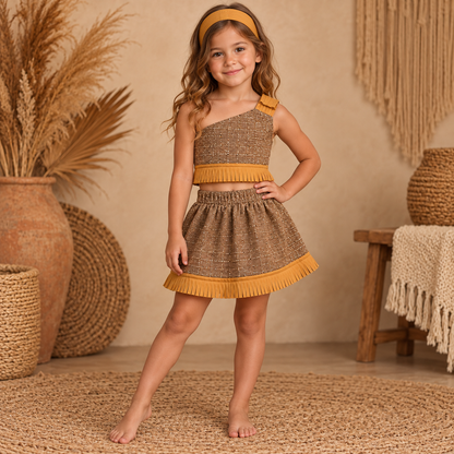 Conjunto Tradicional para Niña – Marrón con Flecos y Banda para el Cabello