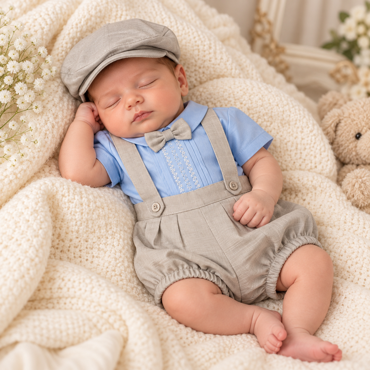 Set de Bautismo para Bebé Niño con Sábana – Azul Celeste y Gris 8620