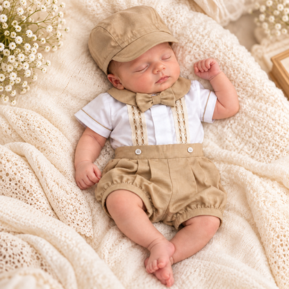 Set para Bebé Niño con Sábana Bordada y Gorra – Blanco y Beige | Mi Príncipe Amado 3437