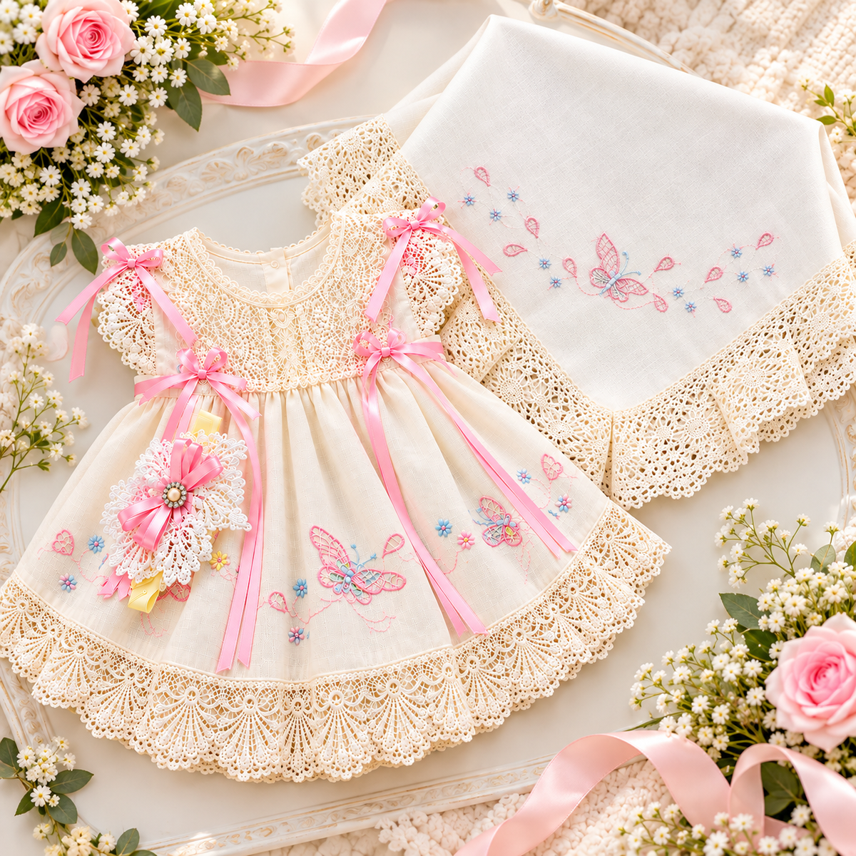 Conjunto de Vestido y Sábana para Bebé – Encaje y Bordado de Mariposas 3441