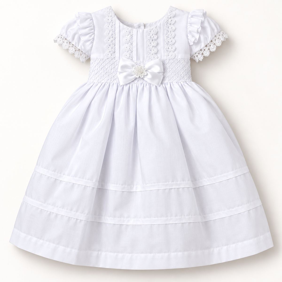 Vestido Elegante de Bautismo para Bebé Niña – Blanco con Encaje y Lazo