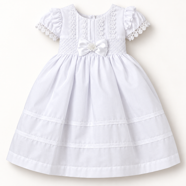 Vestido Elegante de Bautismo para Bebé Niña – Blanco con Encaje y Lazo