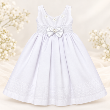 Vestido Elegante de Bautismo para Bebé Niña – Blanco con Flores y Lazo