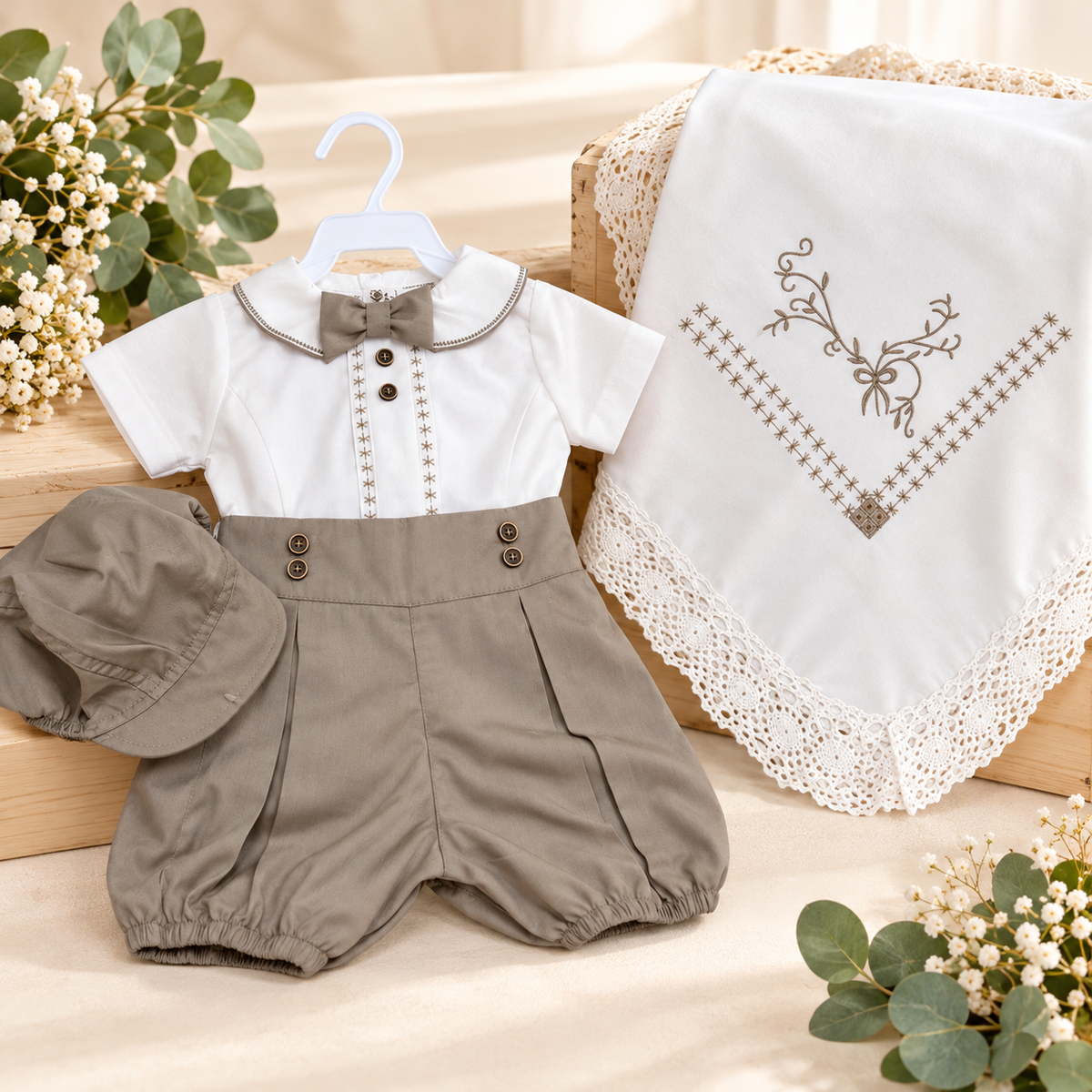 Set para Bebé Niño con Sábana Bordada y Gorra – Marfil y Beige - 8687