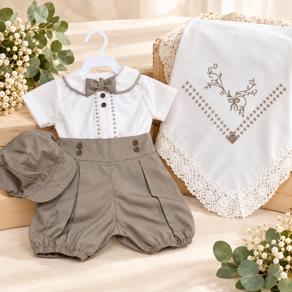Set para Bebé Niño con Sábana Bordada y Gorra – Marfil y Beige - 8687